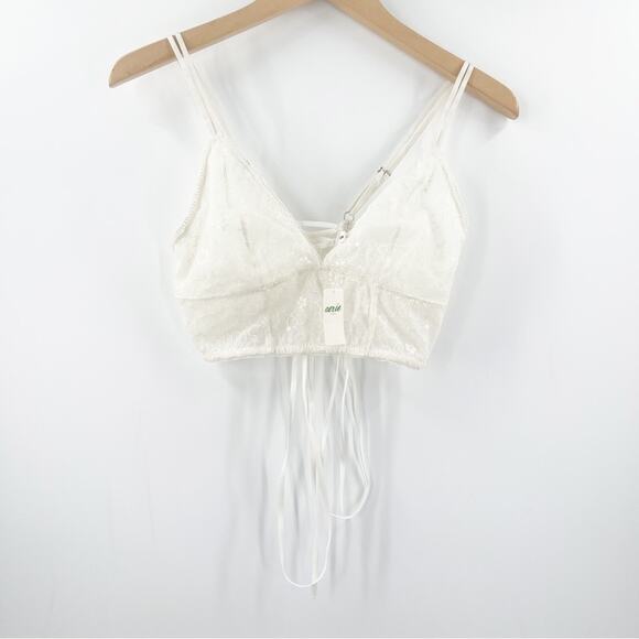 AERIE Bralette Size Medium Lace Embroidered Longline Bra Corset Cream Flower NWT - Picture 2 of 13